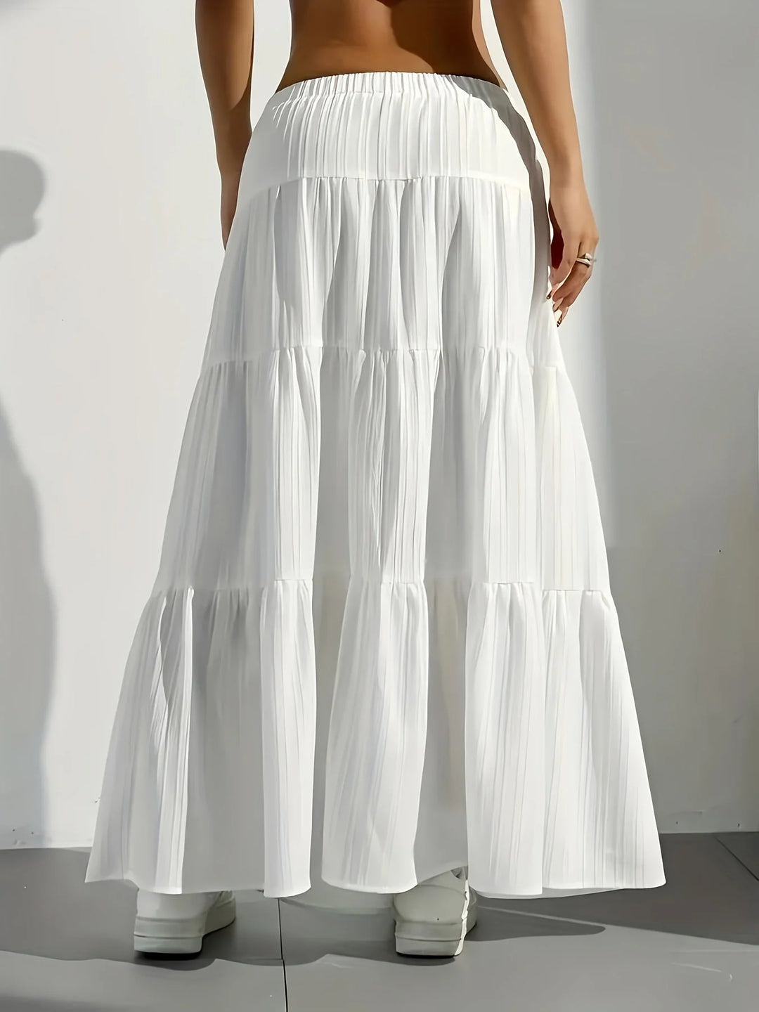 White Women's Tiered Drawstring Maxi Skirt — Indigo White Bohemian - Back Detail