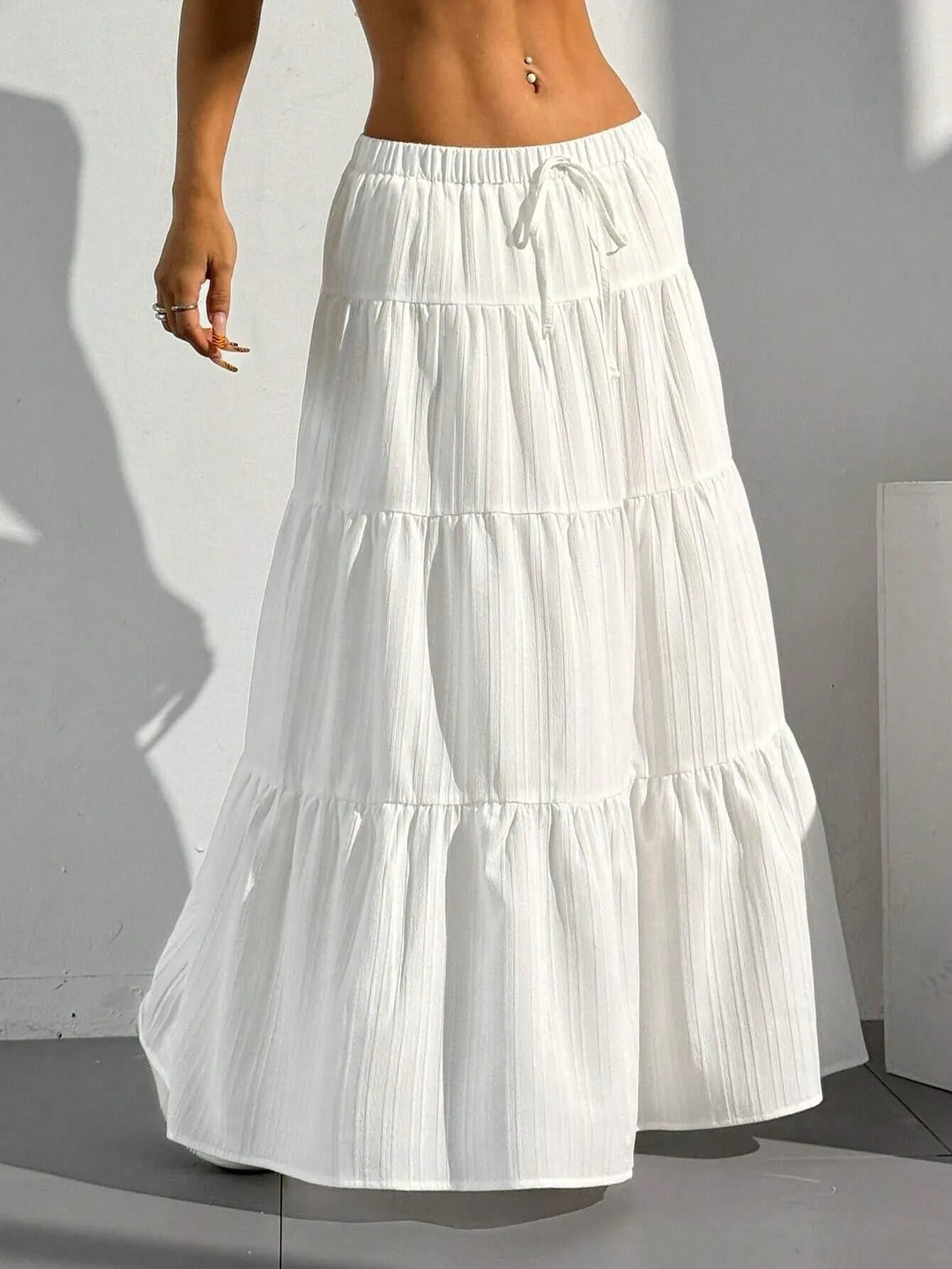 White Women's Tiered Drawstring Maxi Skirt — Indigo White Bohemian - Front Full
