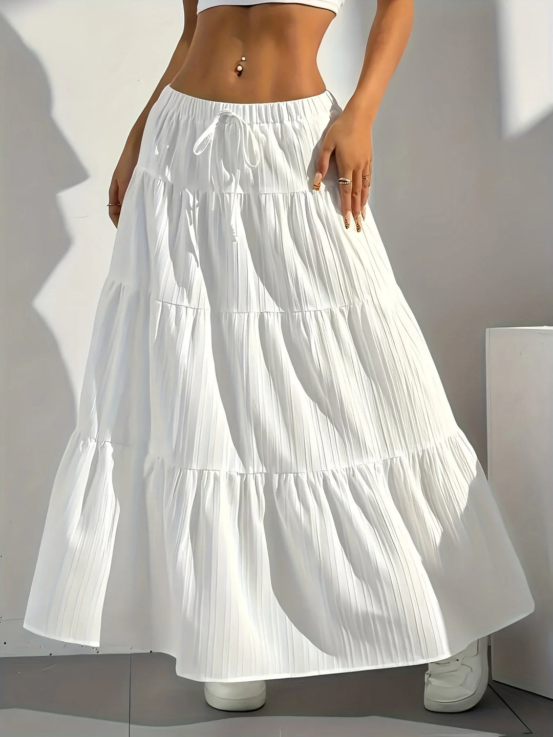 White Women's Tiered Drawstring Maxi Skirt — Indigo White Bohemian - Front Movement