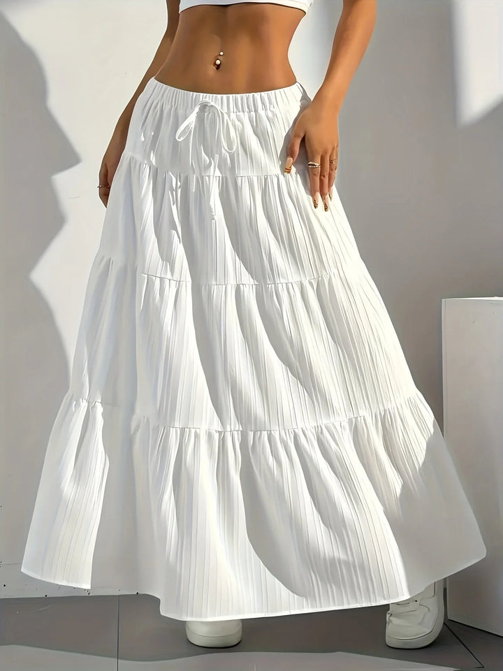 White Women's Tiered Drawstring Maxi Skirt — Indigo White Bohemian - Front Movement