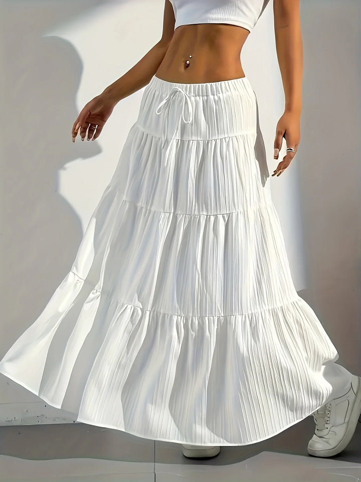White Women's Tiered Drawstring Maxi Skirt — Indigo White Bohemian - Side Pose