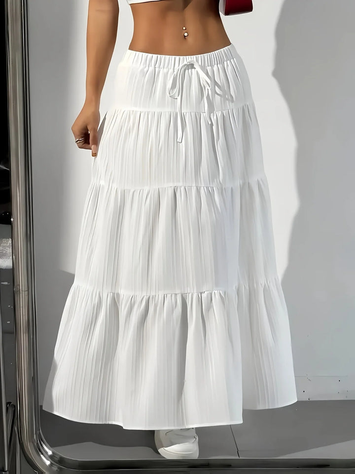 White Women's Tiered Drawstring Maxi Skirt — Indigo White Bohemian - Studio Natural