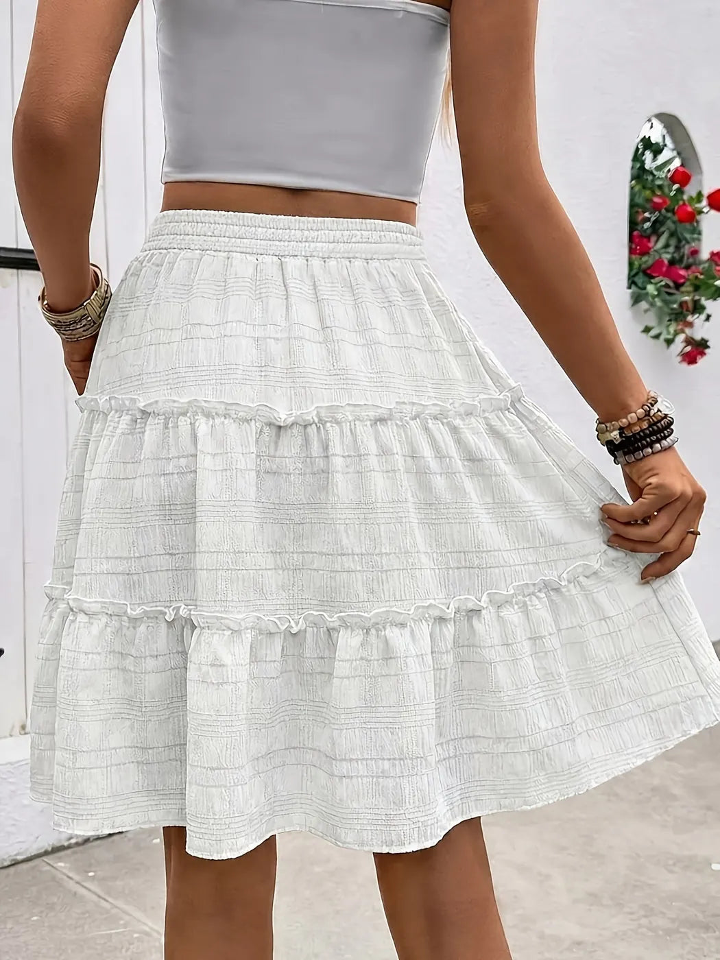 White Women's Tiered Drawstring White Skirt — Liv High-Waisted Mini - Back Detail