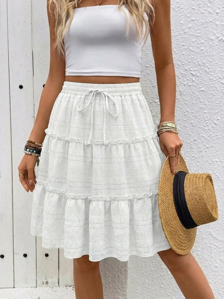 White Women's Tiered Drawstring White Skirt — Liv High-Waisted Mini - Worn Lifestyle