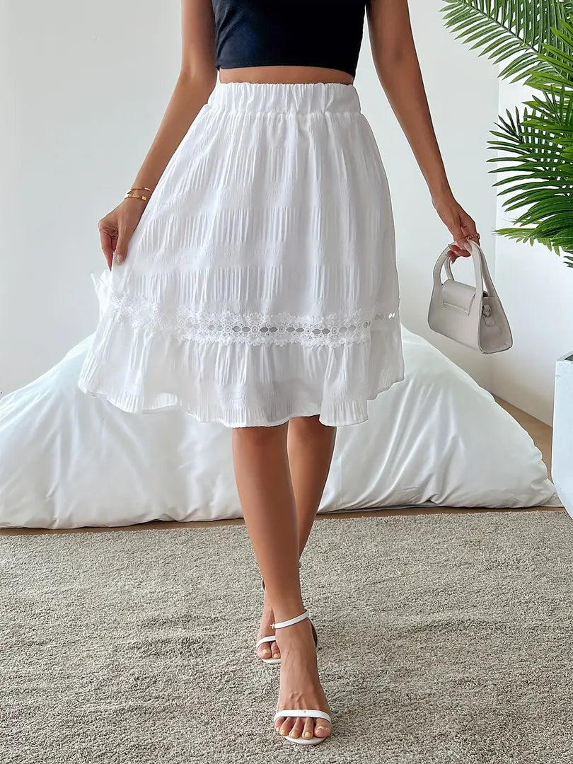White Women's Tiered Lace Skirt — Susie Elastic Waist Midi - Lace Detail