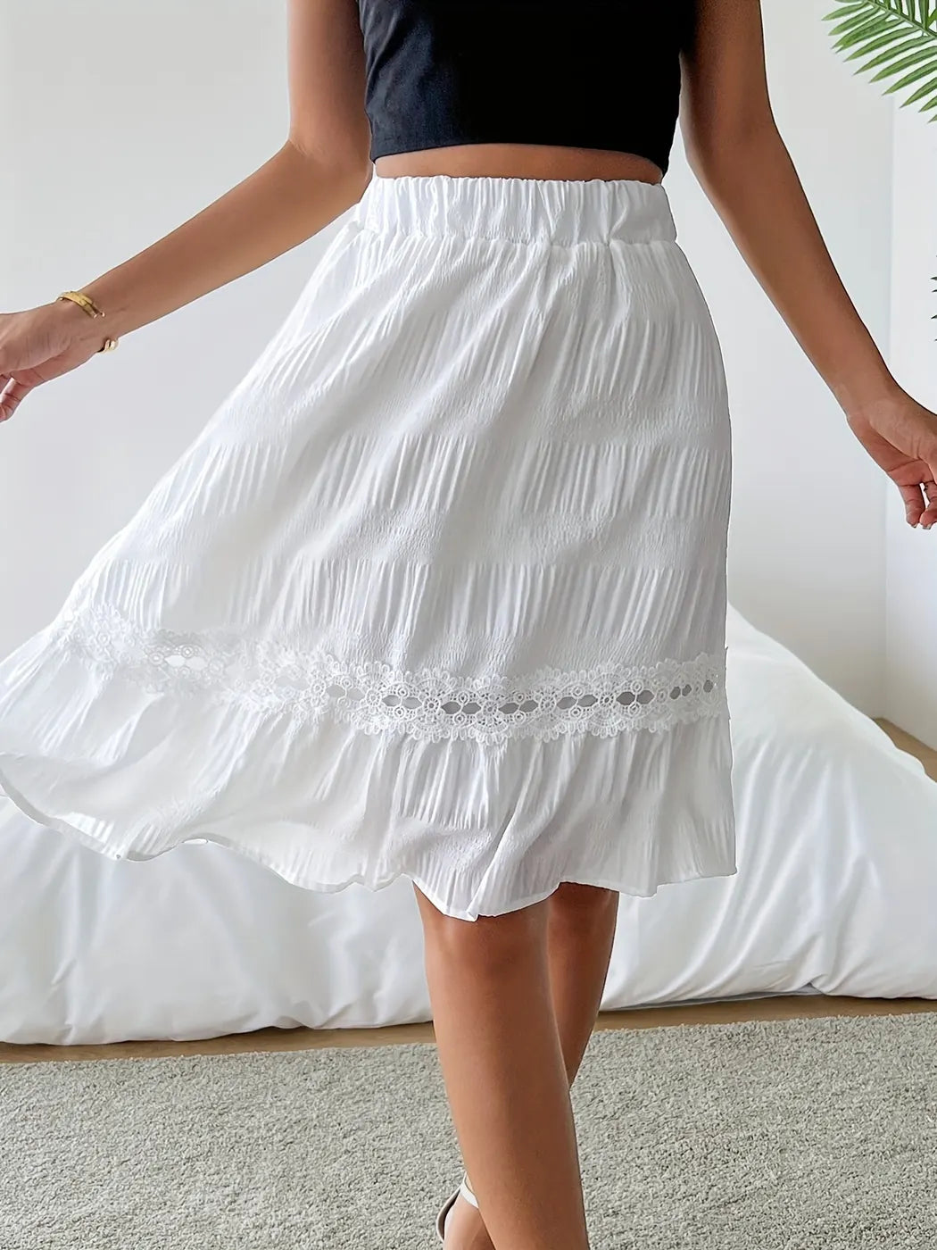 White Women's Tiered Lace Skirt — Susie Elastic Waist Midi - Movement Shot