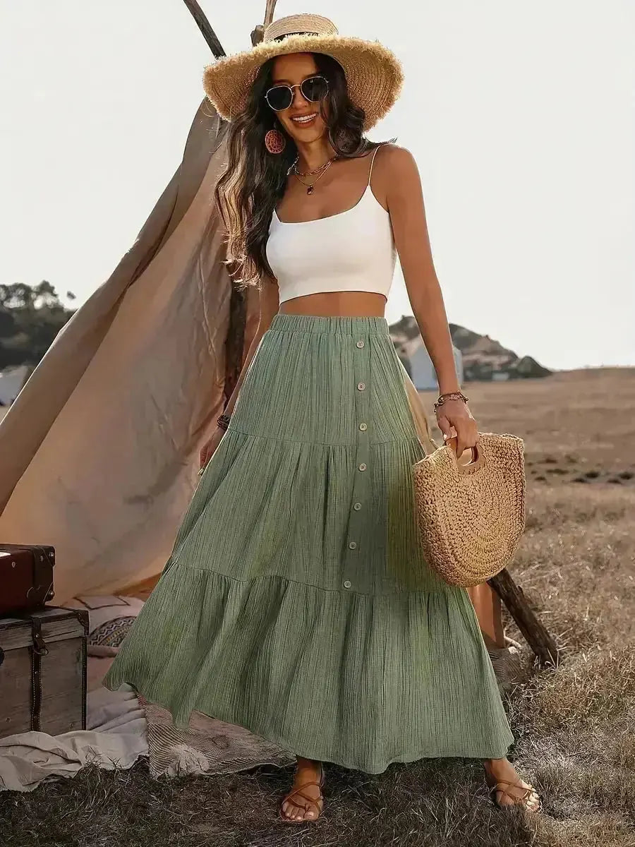 Army Women's Tiered Maxi Skirt — Poppy Button-Front High-Waisted Boho - Green Outdoor Pose