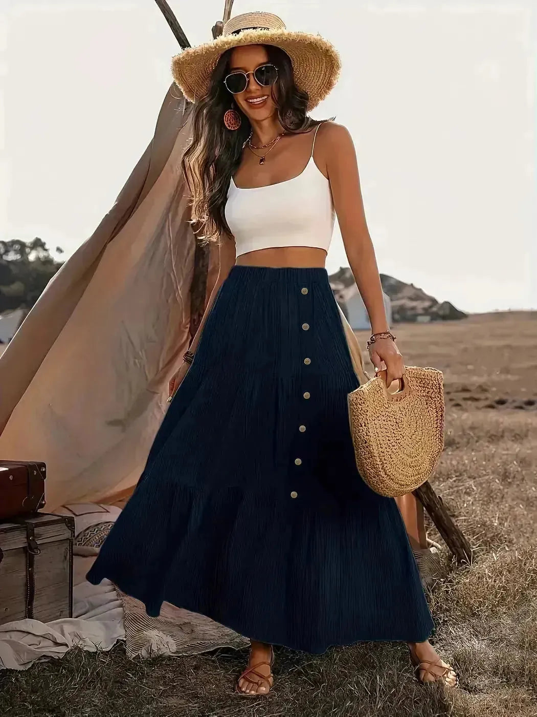 Black Women's Tiered Maxi Skirt — Poppy Button-Front High-Waisted Boho - Front Lifestyle