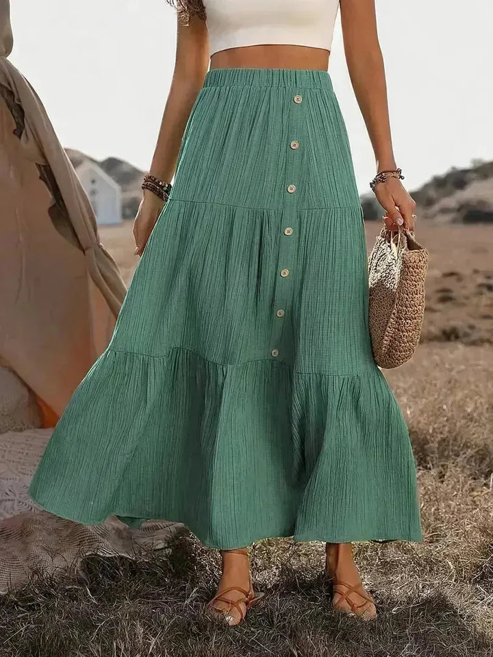 Green Women's Tiered Maxi Skirt — Poppy Button-Front High-Waisted Boho - Side Detail
