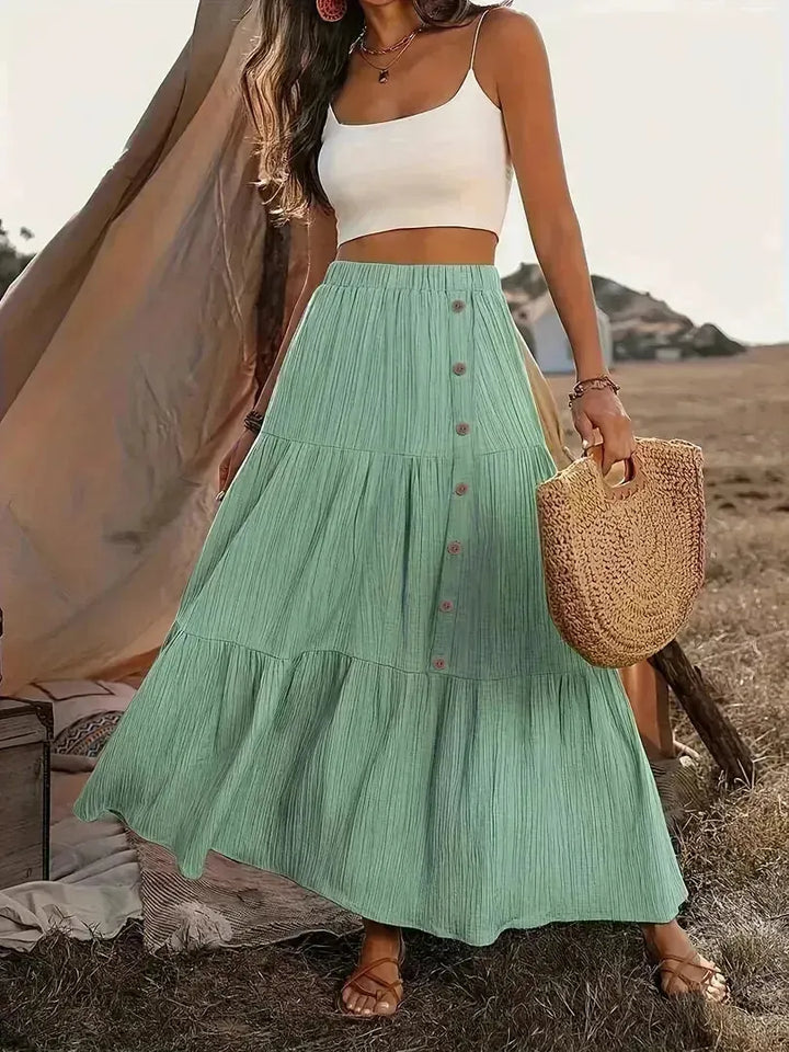 Light Green Women's Tiered Maxi Skirt — Poppy Button-Front High-Waisted Boho - Front Standing