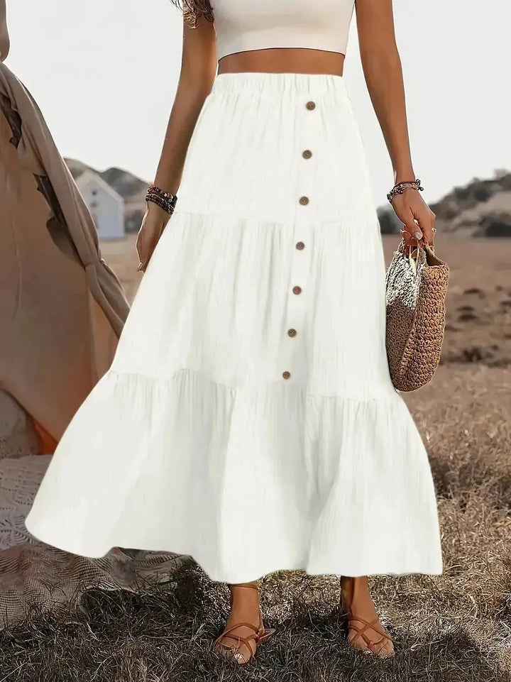 White Women's Tiered Maxi Skirt — Poppy Button-Front High-Waisted Boho - Front Full