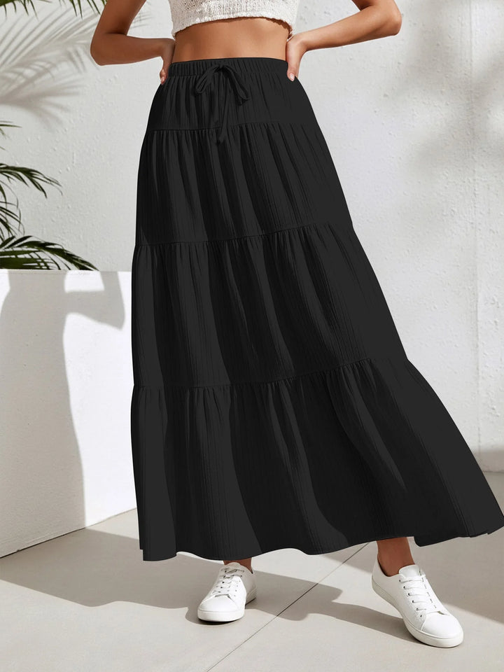 Black Women's Tiered Maxi Skirt — Kiera Black A-Line Drawstring - Front Full