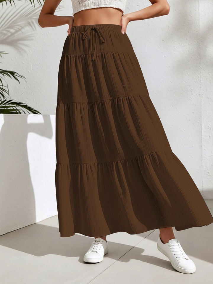 Brown Women's Tiered Maxi Skirt — Kiera Black A-Line Drawstring - Front Pose