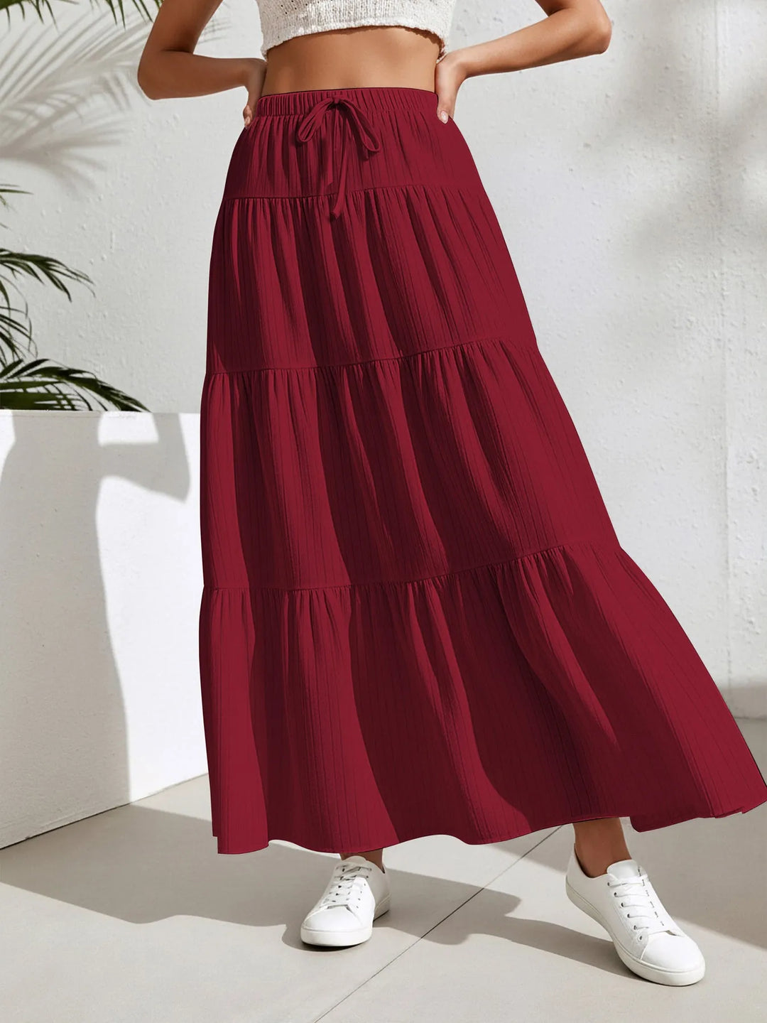Burgundy Women's Tiered Maxi Skirt — Kiera Black A-Line Drawstring - Side Stance