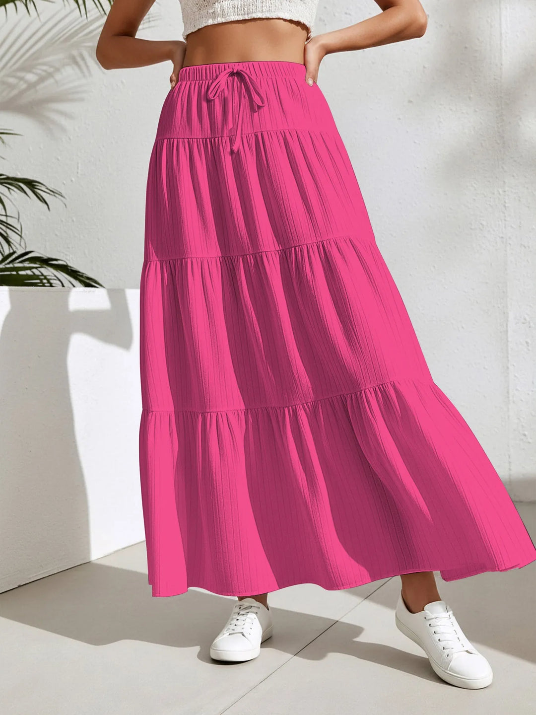 Pink Women's Tiered Maxi Skirt — Kiera Black A-Line Drawstring - Front Casual
