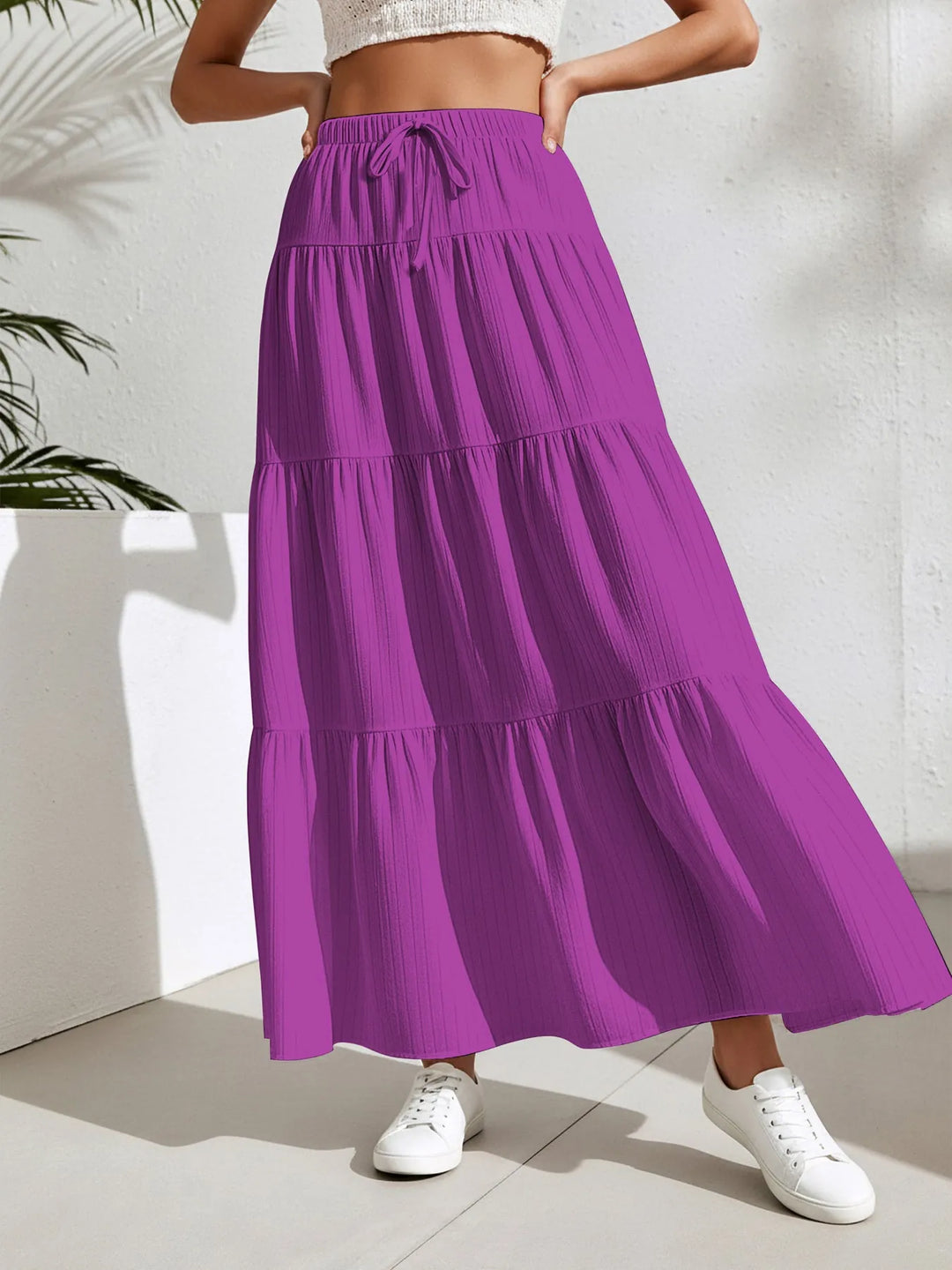 Purple Women's Tiered Maxi Skirt — Kiera Black A-Line Drawstring - Front Lifestyle