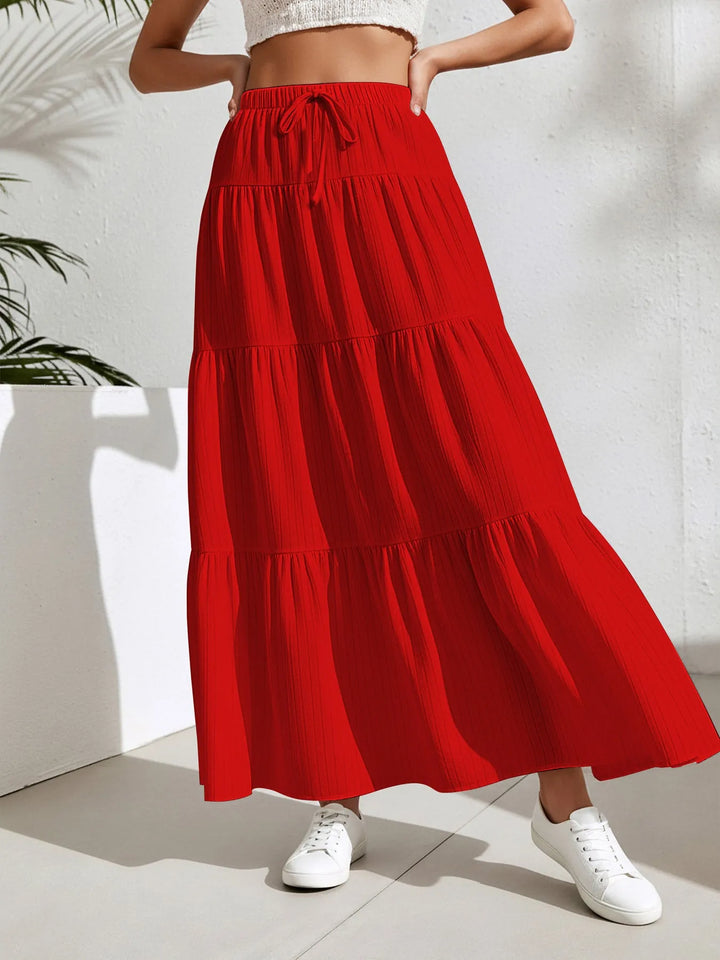 Red Women's Tiered Maxi Skirt — Kiera Black A-Line Drawstring - Front Studio