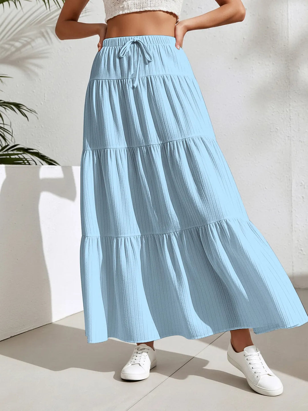 Sky Blue Women's Tiered Maxi Skirt — Kiera Black A-Line Drawstring - Front Natural