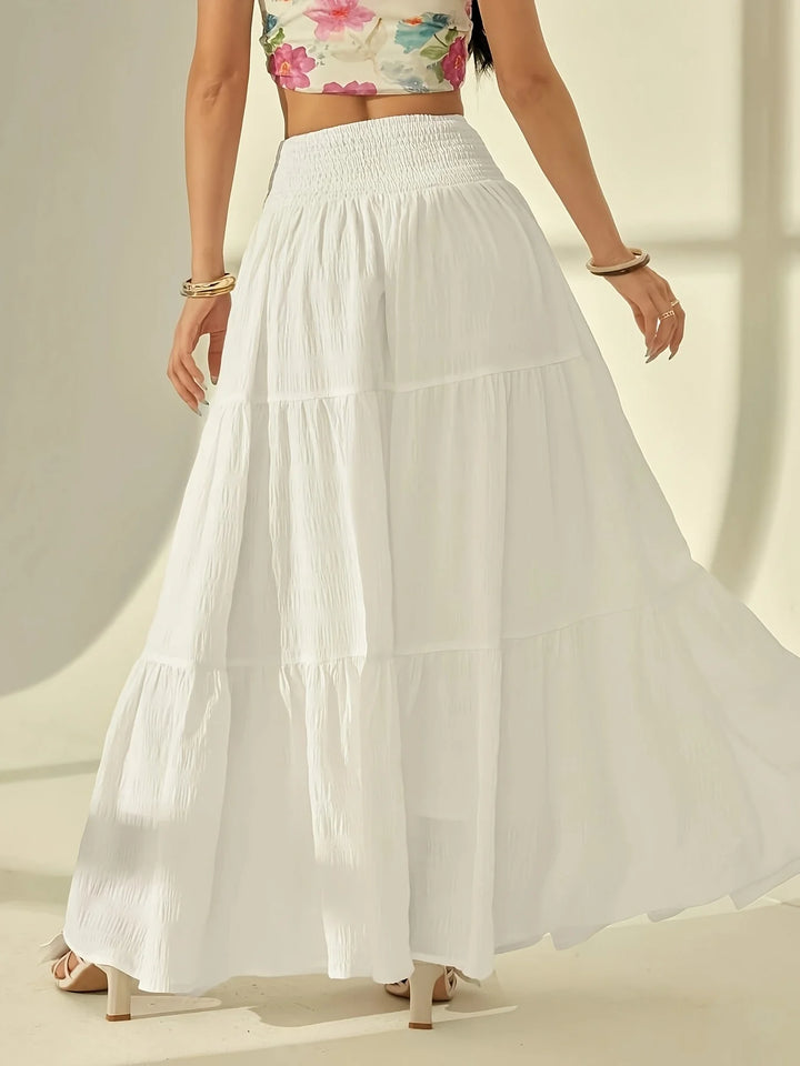White Women's Maisie Tiered Maxi Skirt — Eden Smocked High-Waisted - Back Detail