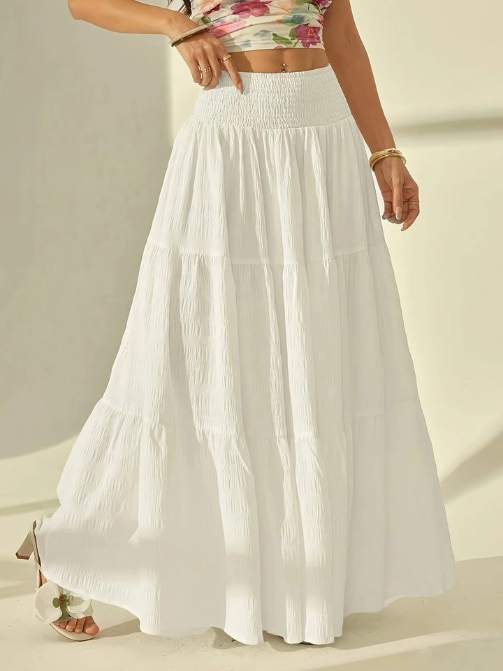 White Women's Maisie Tiered Maxi Skirt — Eden Smocked High-Waisted - Front Full