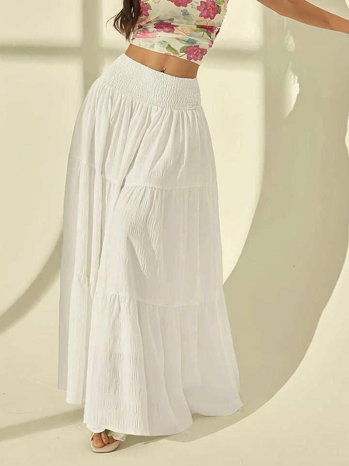 White Women's Maisie Tiered Maxi Skirt — Eden Smocked High-Waisted - Side Pose