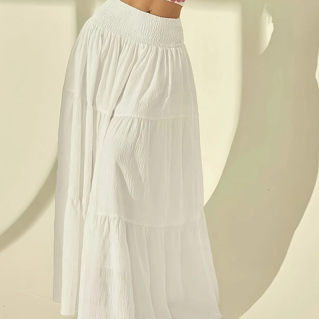 White Women's Maisie Tiered Maxi Skirt — Eden Smocked High-Waisted - Side Silhouette