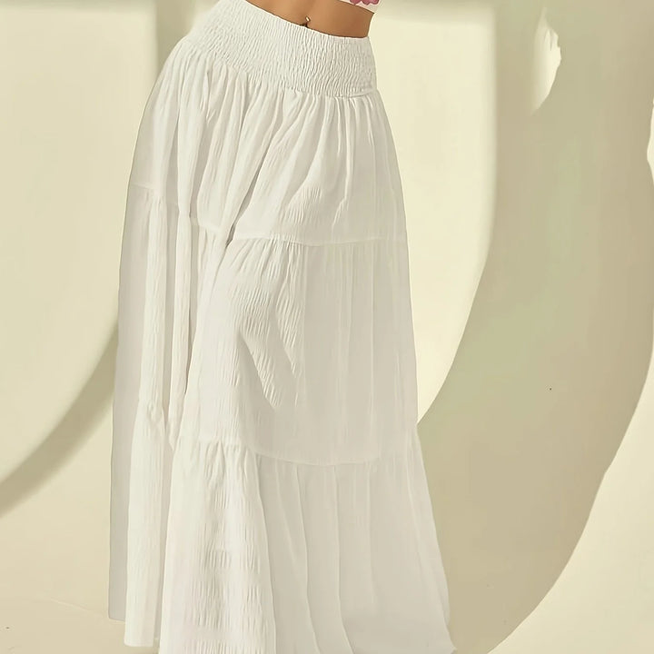 White Women's Maisie Tiered Maxi Skirt — Eden Smocked High-Waisted - Side Silhouette