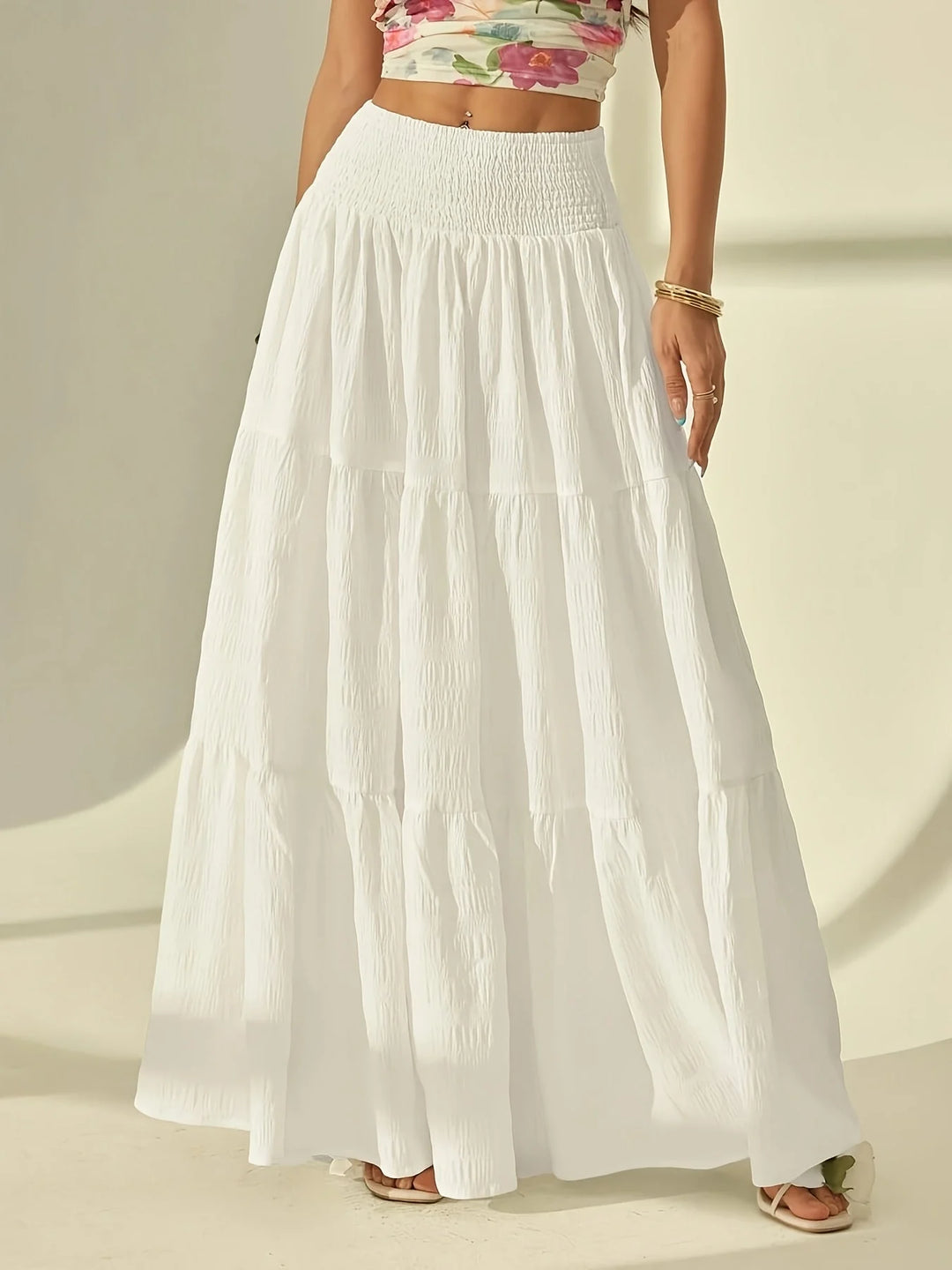White Women's Maisie Tiered Maxi Skirt — Eden Smocked High-Waisted - Waistband Detail