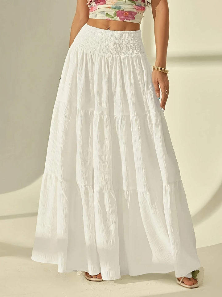 White Women's Maisie Tiered Maxi Skirt — Eden Smocked High-Waisted - Waistband Detail