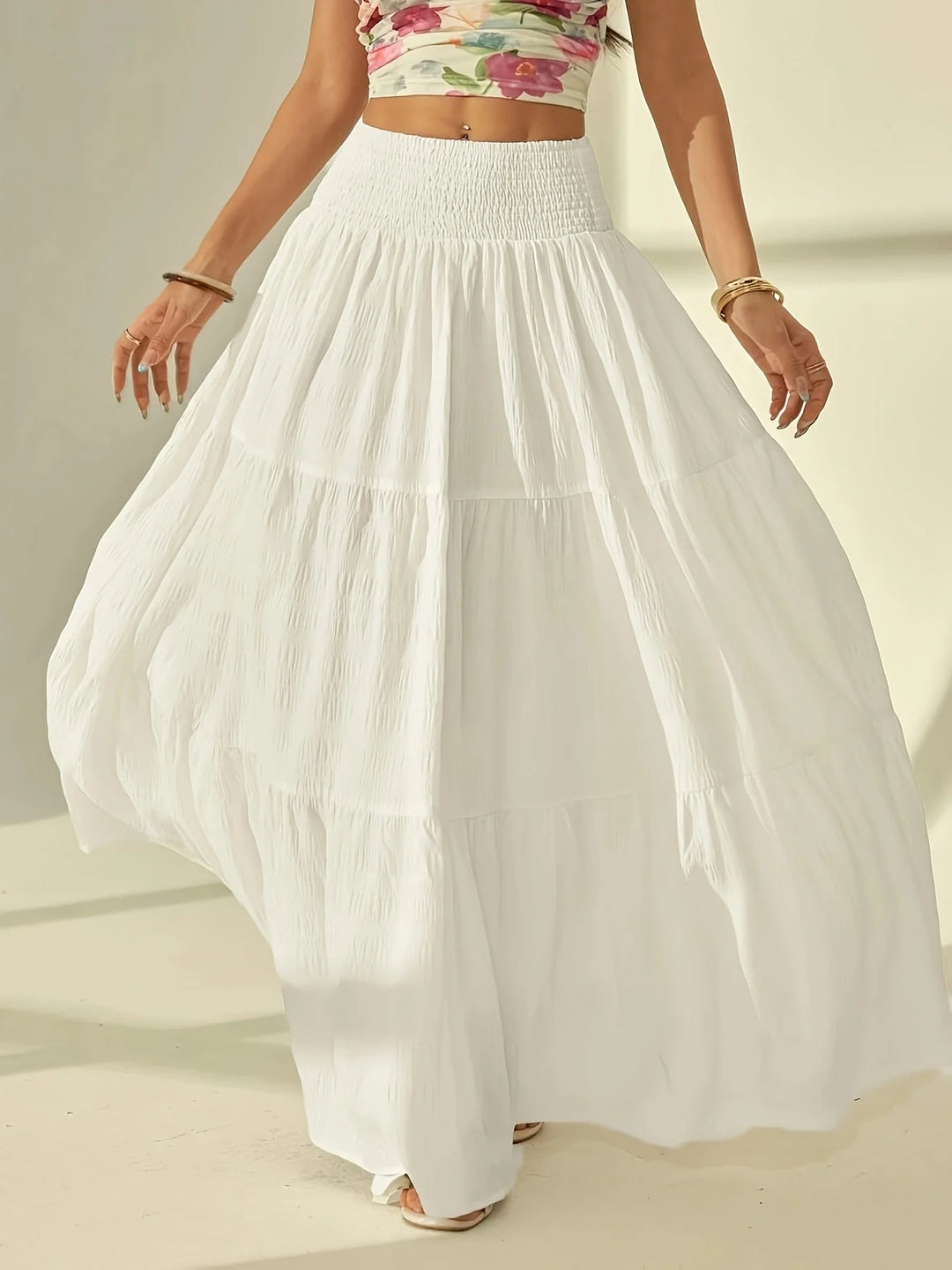 White Women's Maisie Tiered Maxi Skirt — Eden Smocked High-Waisted - Walking Pose