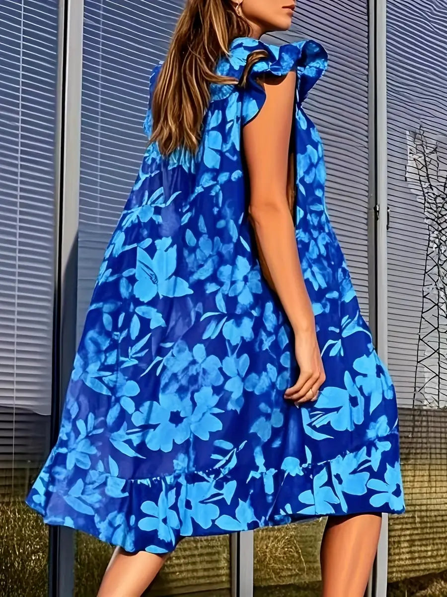 Blue Women's Floral Tiered Dress — Joss Ruffle Sleeve Midi - Back Detail