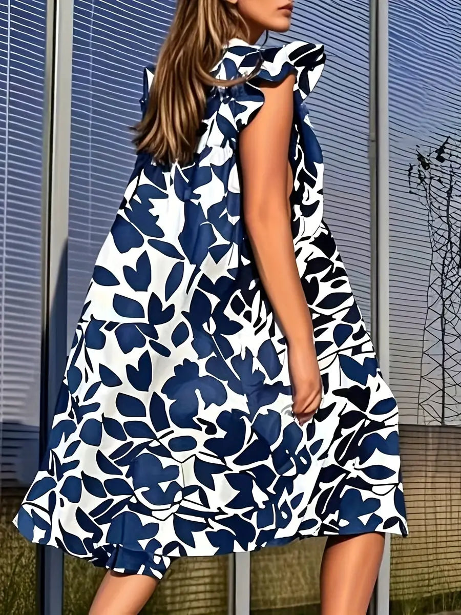 Navy Blue Women's Floral Tiered Dress — Joss Ruffle Sleeve Midi - Back Pose