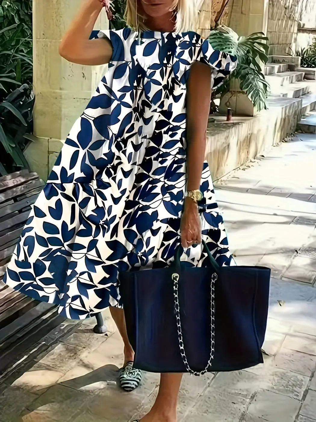 Navy Blue Women's Floral Tiered Dress — Joss Ruffle Sleeve Midi - Front Lifestyle