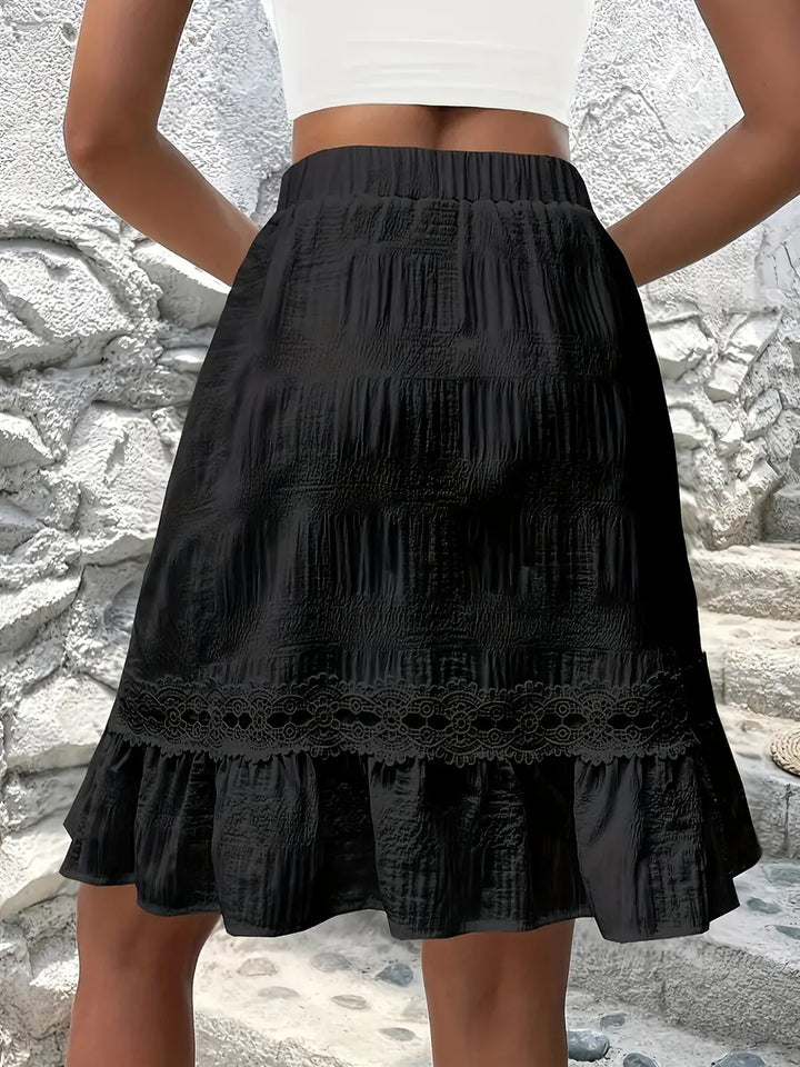 Black Women's White Tiered Midi Skirt — Niamh Lace Trim Elastic Waist - Back Detail