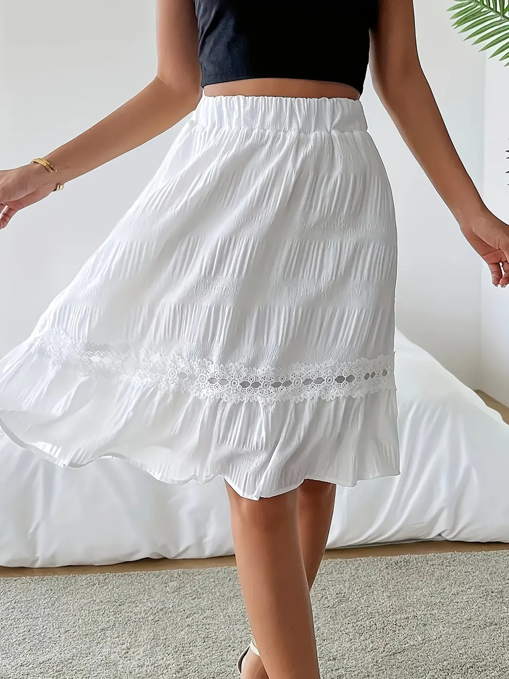 White Women's White Tiered Midi Skirt — Niamh Lace Trim Elastic Waist - Front Full