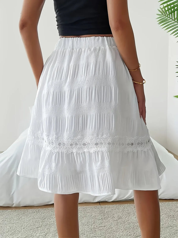 White Women's White Tiered Midi Skirt — Niamh Lace Trim Elastic Waist - Side Pose