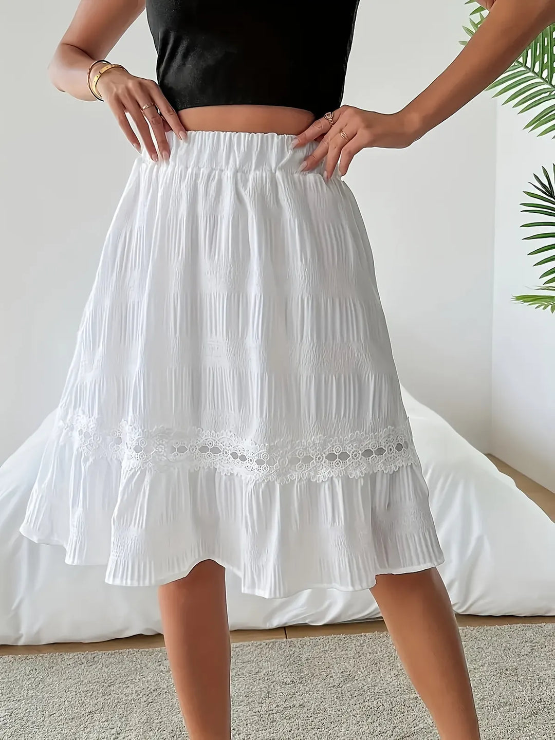 White Women's White Tiered Midi Skirt — Niamh Lace Trim Elastic Waist - Waist Detail