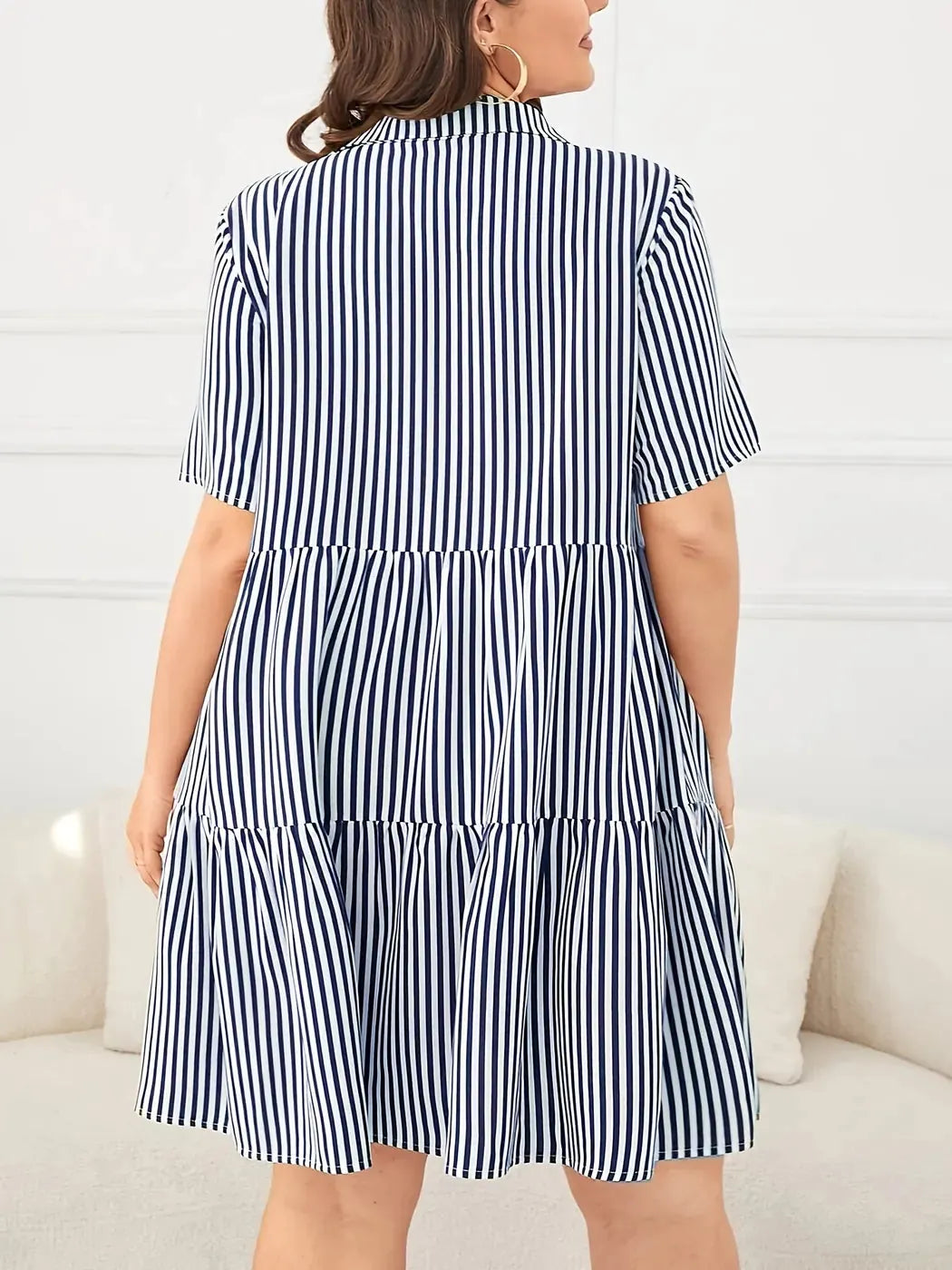 Navy Blue Women's Tiered Striped Shirt Dress — Aubrey Button-Front Short Sleeve - Back Full