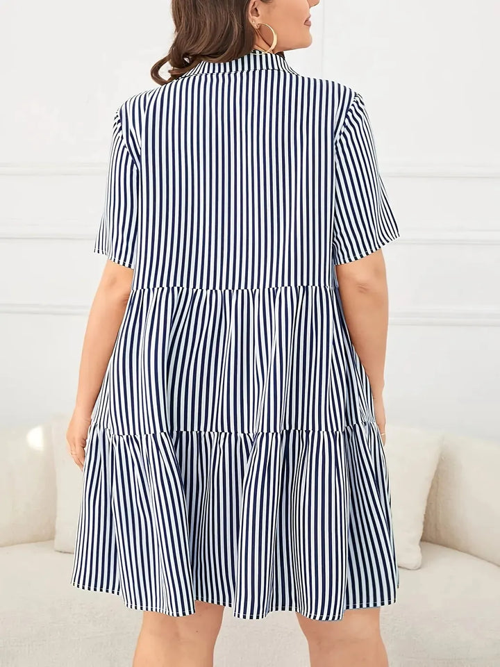 Navy Blue Women's Tiered Striped Shirt Dress — Aubrey Button-Front Short Sleeve - Back Full