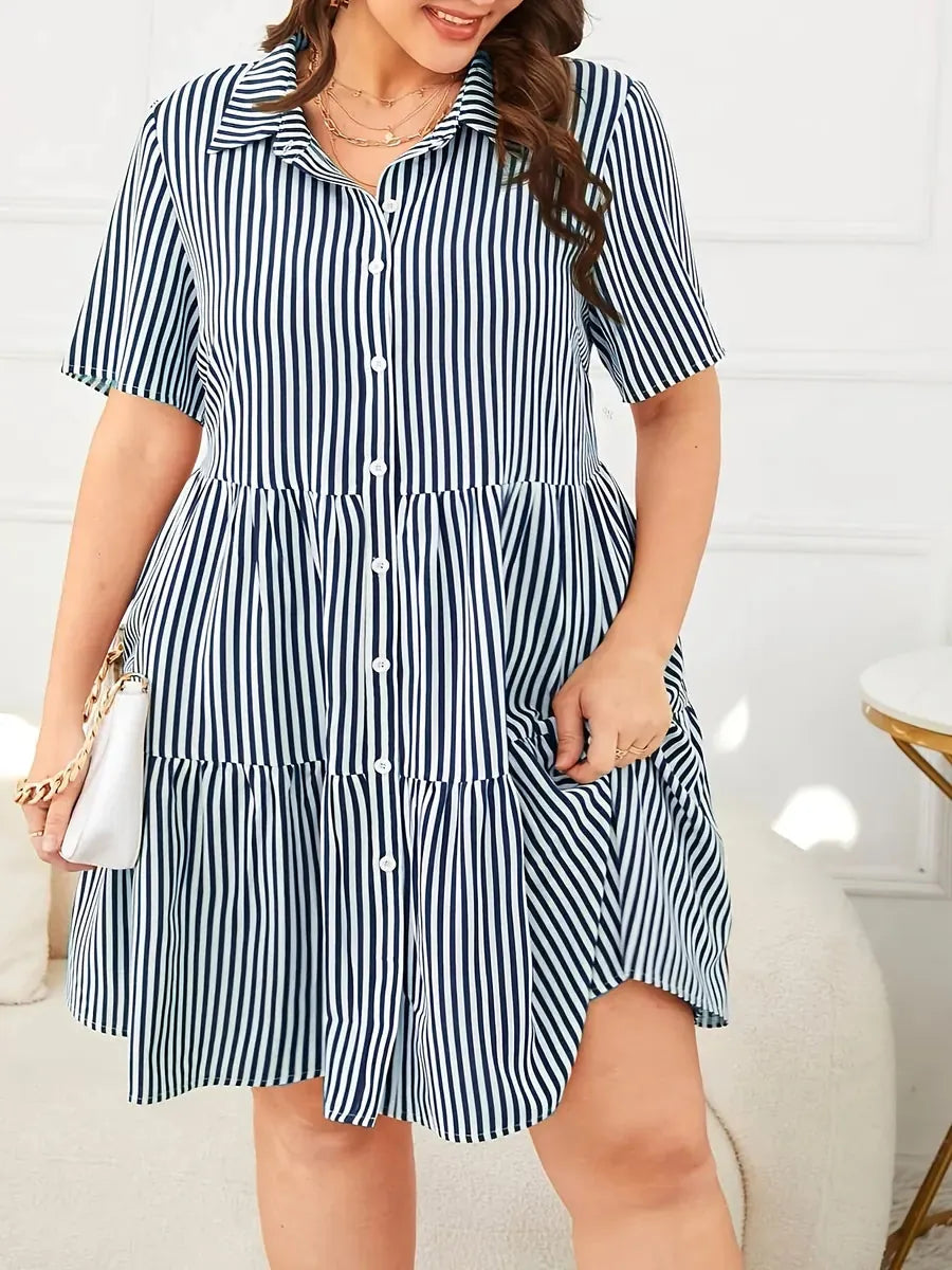 Navy Blue Women's Tiered Striped Shirt Dress — Aubrey Button-Front Short Sleeve - Front Detail