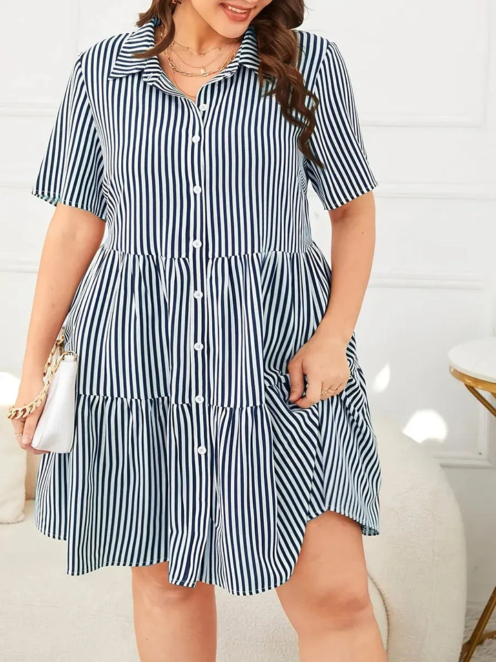 Navy Blue Women's Tiered Striped Shirt Dress — Aubrey Button-Front Short Sleeve - Front Detail