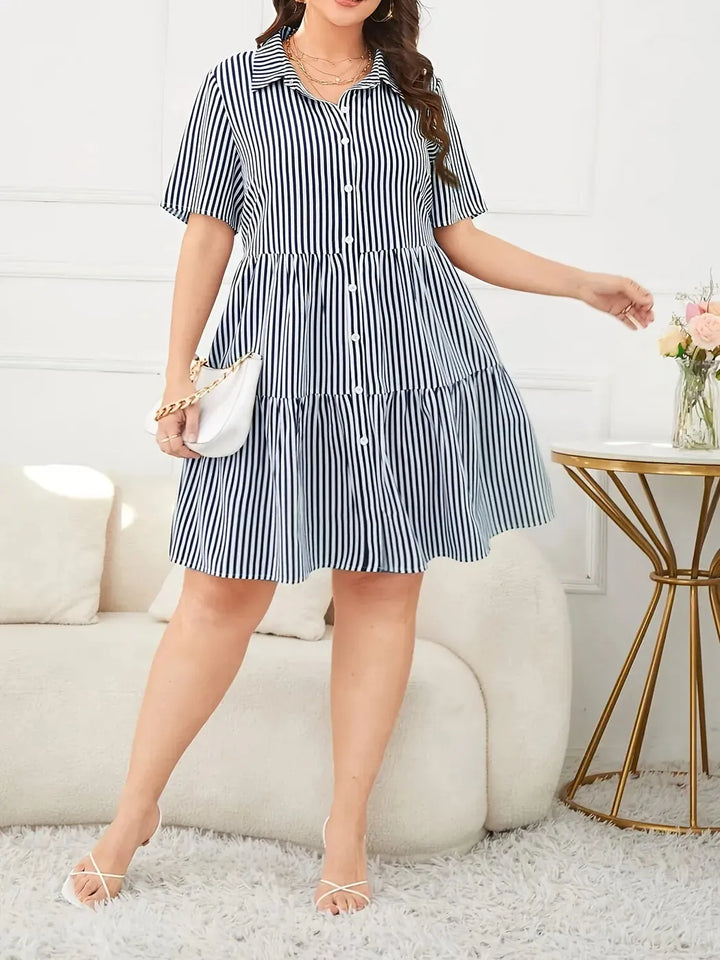 Navy Blue Women's Tiered Striped Shirt Dress — Aubrey Button-Front Short Sleeve - Front Full