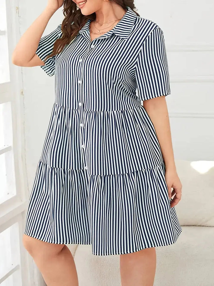 Navy Blue Women's Tiered Striped Shirt Dress — Aubrey Button-Front Short Sleeve - Side Pose