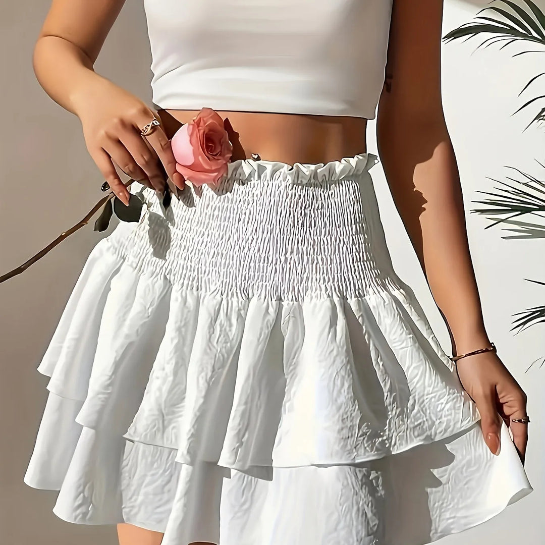 White Women's Tiered Smocked White Mini Skirt — Nala Ruffle High-Waisted - Studio