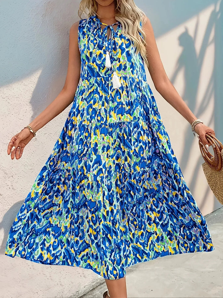 Isabella | Stylish Tiered V-Neck Blue Dress With Tassels