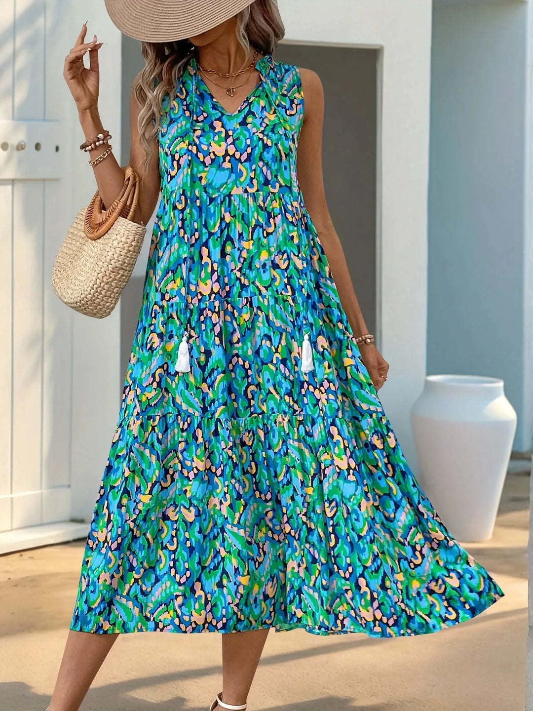 Isabella | Stylish Tiered V-Neck Blue Dress With Tassels