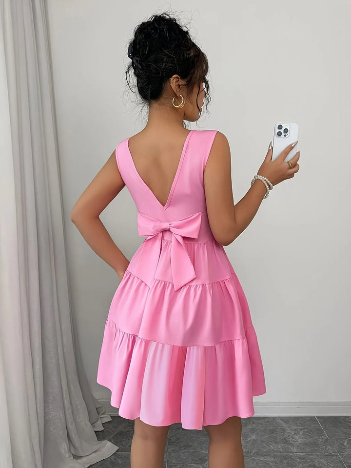 Helena | Elegant Tiered V-Neck Pink Midi Dress