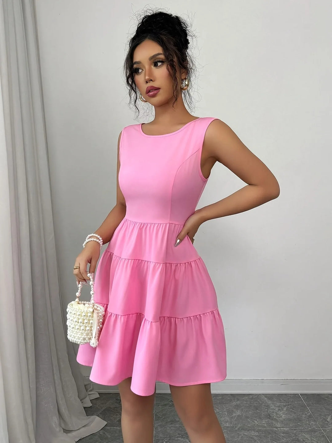 Helena | Elegant Tiered V-Neck Pink Midi Dress