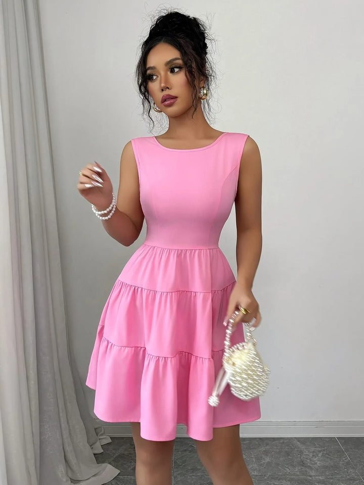 Helena | Elegant Tiered V-Neck Pink Midi Dress