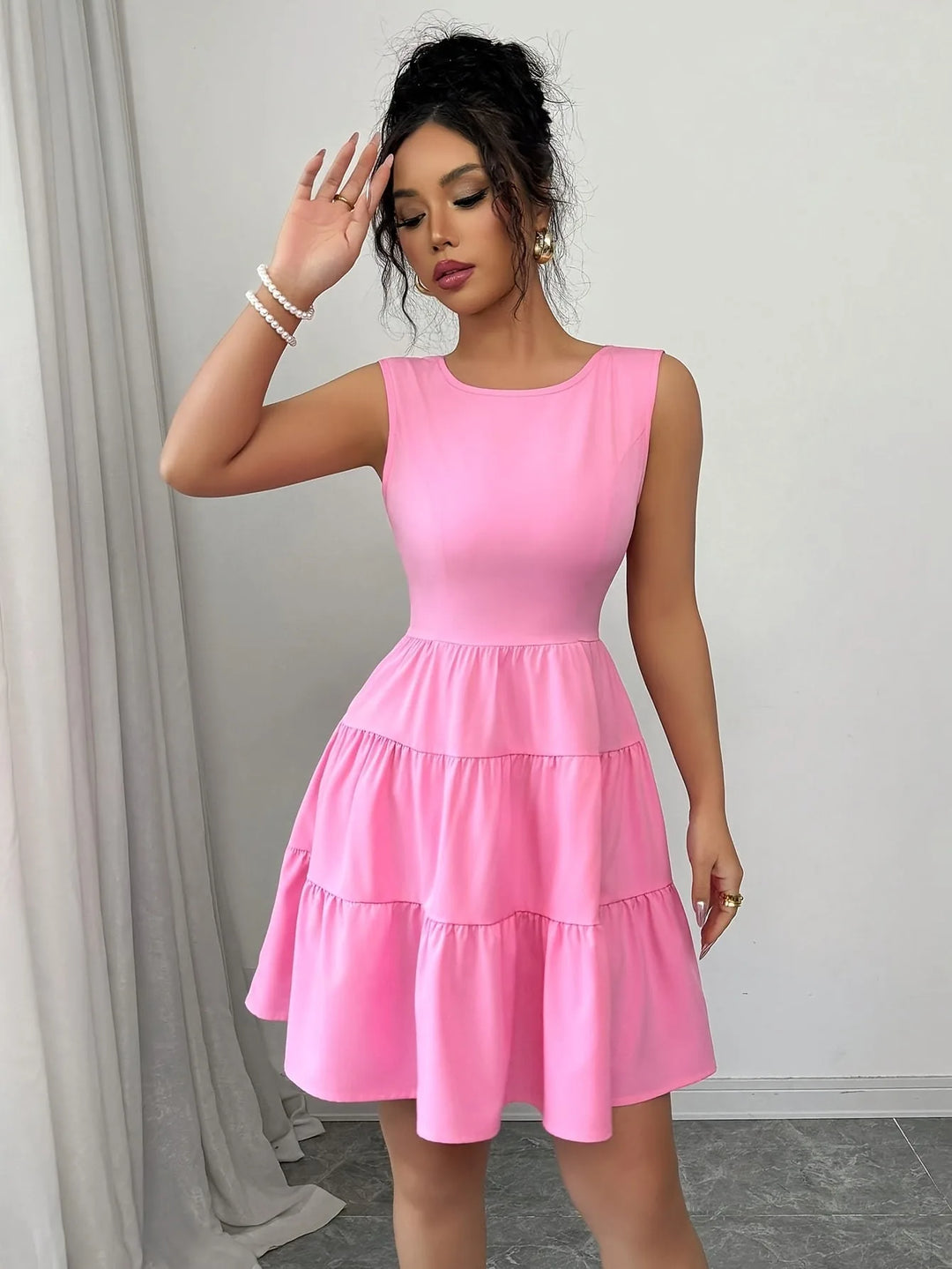 Helena | Elegant Tiered V-Neck Pink Midi Dress